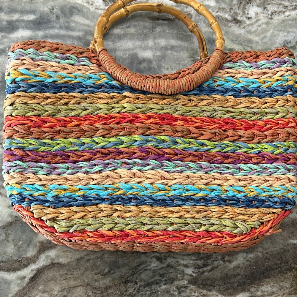 Blue Miami Vibrant Striped Tote with Bamboo Handles - Picture 4 of 6